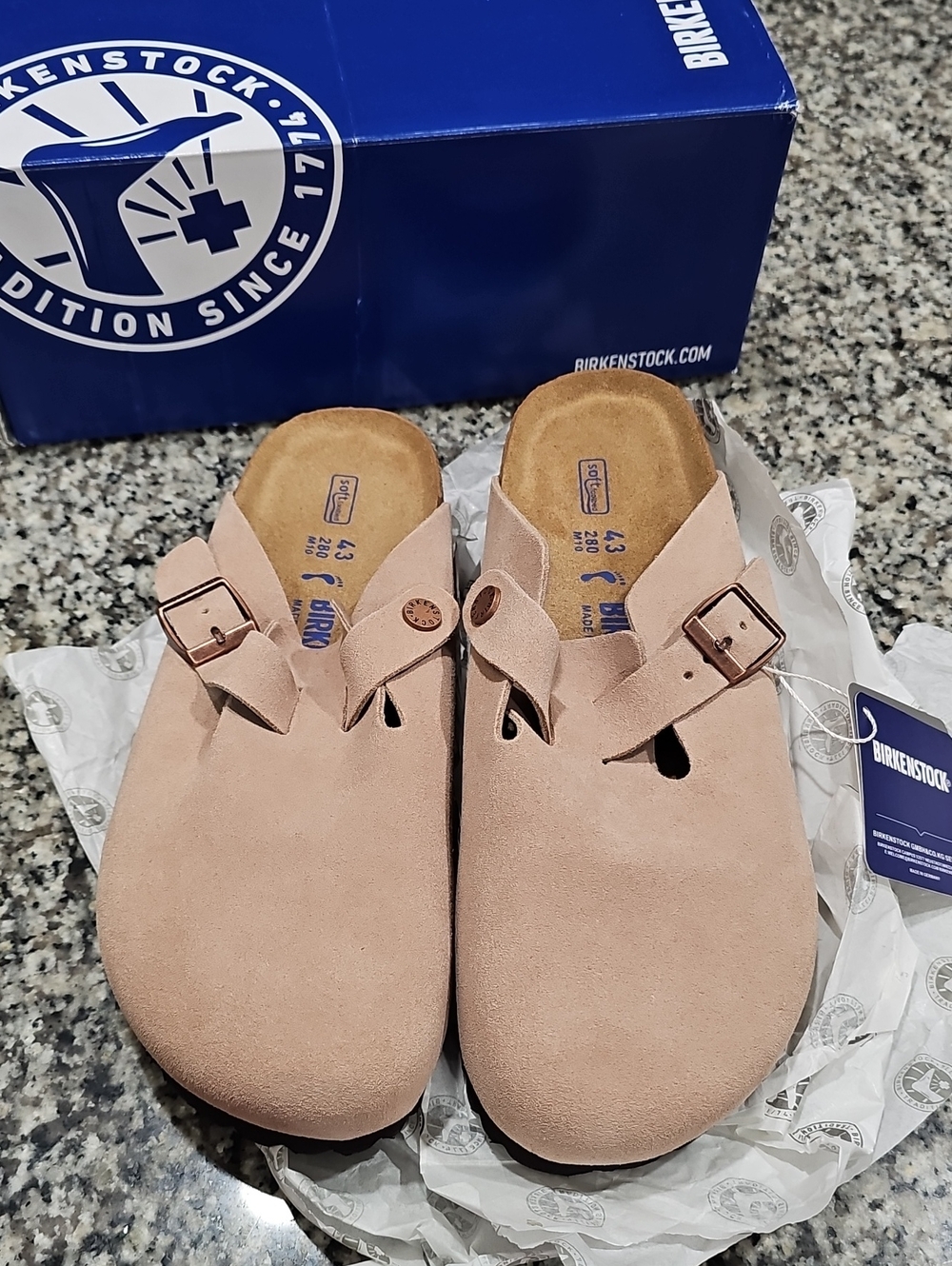 NWT Birkenstock Light Tan Suede Boston Clog Mule original Box